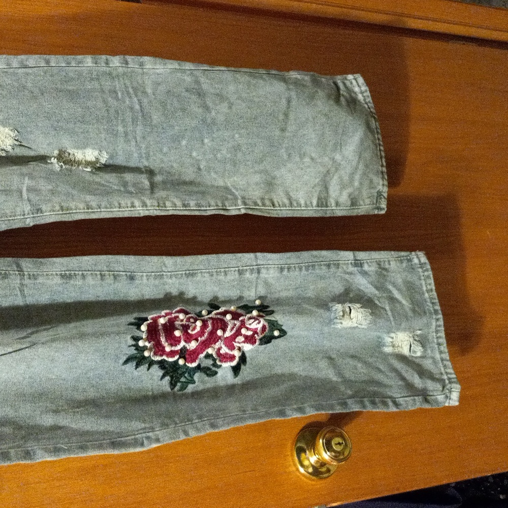 Light Blue Straight-Leg Jeans with Red Floral Embroidery - Picture 2 of 12